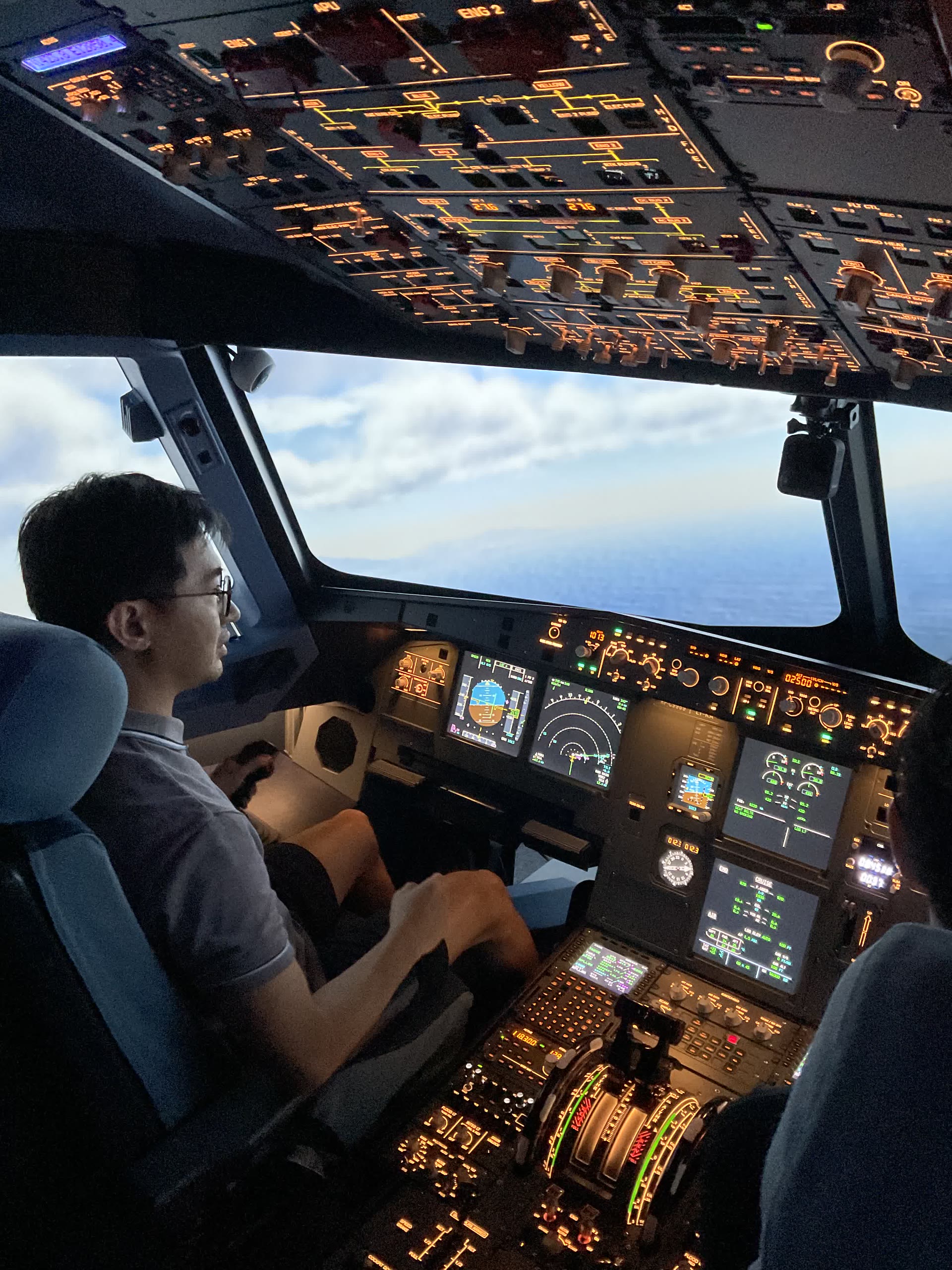 A pilot in the left seat of the A320 fixed-base simulator with a bright open sky and ocean horizon on the outside visual, mid-flight.