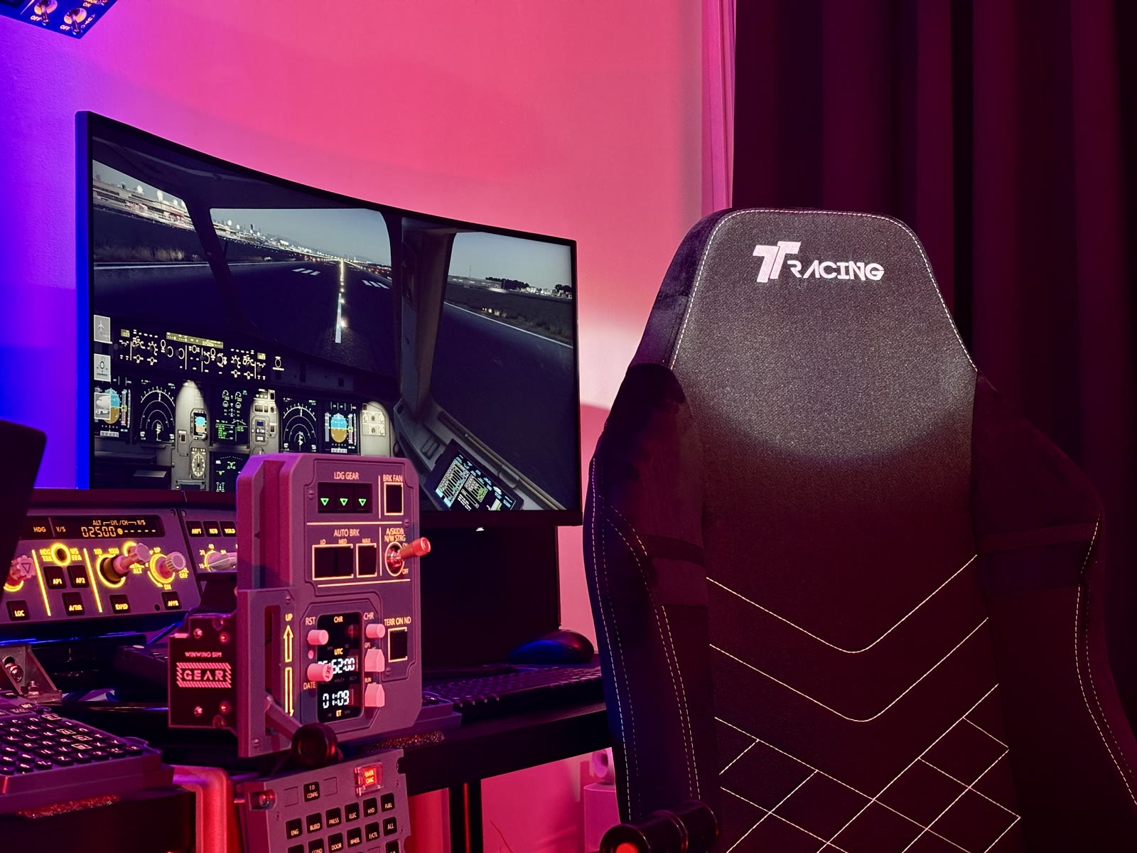 The Aviation Simulator Station instrument panel and controls in close detail under purple lighting.