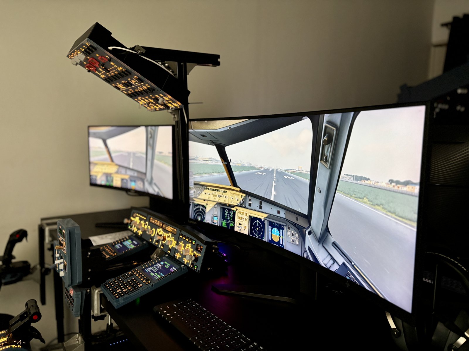 A wide view of the Aviation Simulator Station seat, controls and screens.