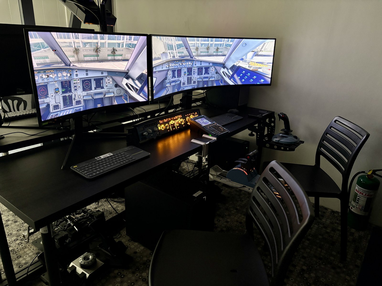 The station instrument panel and thrust levers in close detail.