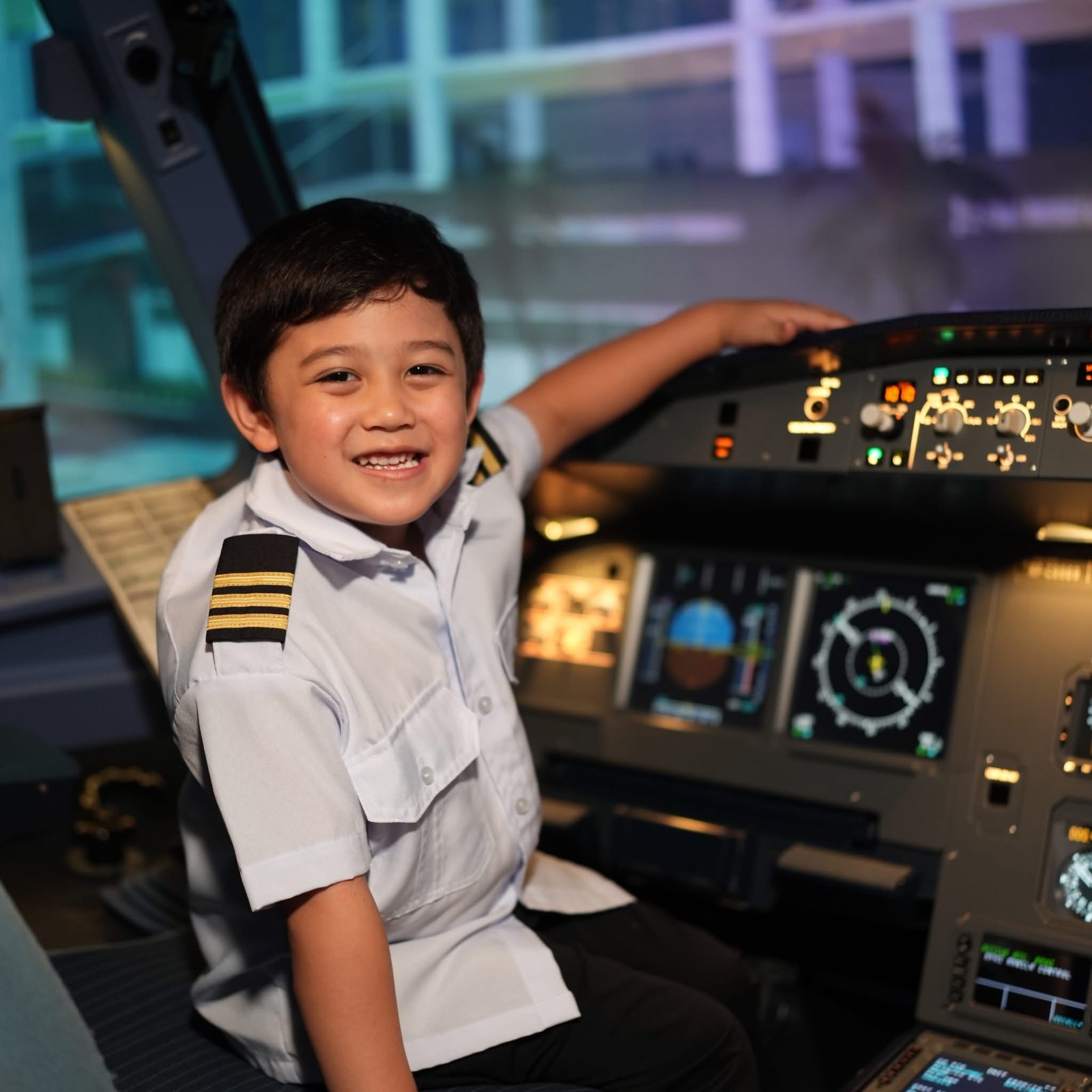 A young Future Flyer in a pilot uniform with captain’s epaulettes, smiling from the A320 simulator seat with one hand on the glareshield.